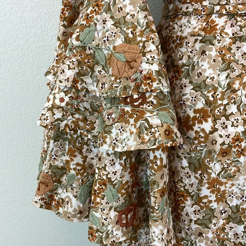 NWT Mi Golondrina brown floral wrap maxi dress with ruffle sleeves size large - Picture 9 of 13